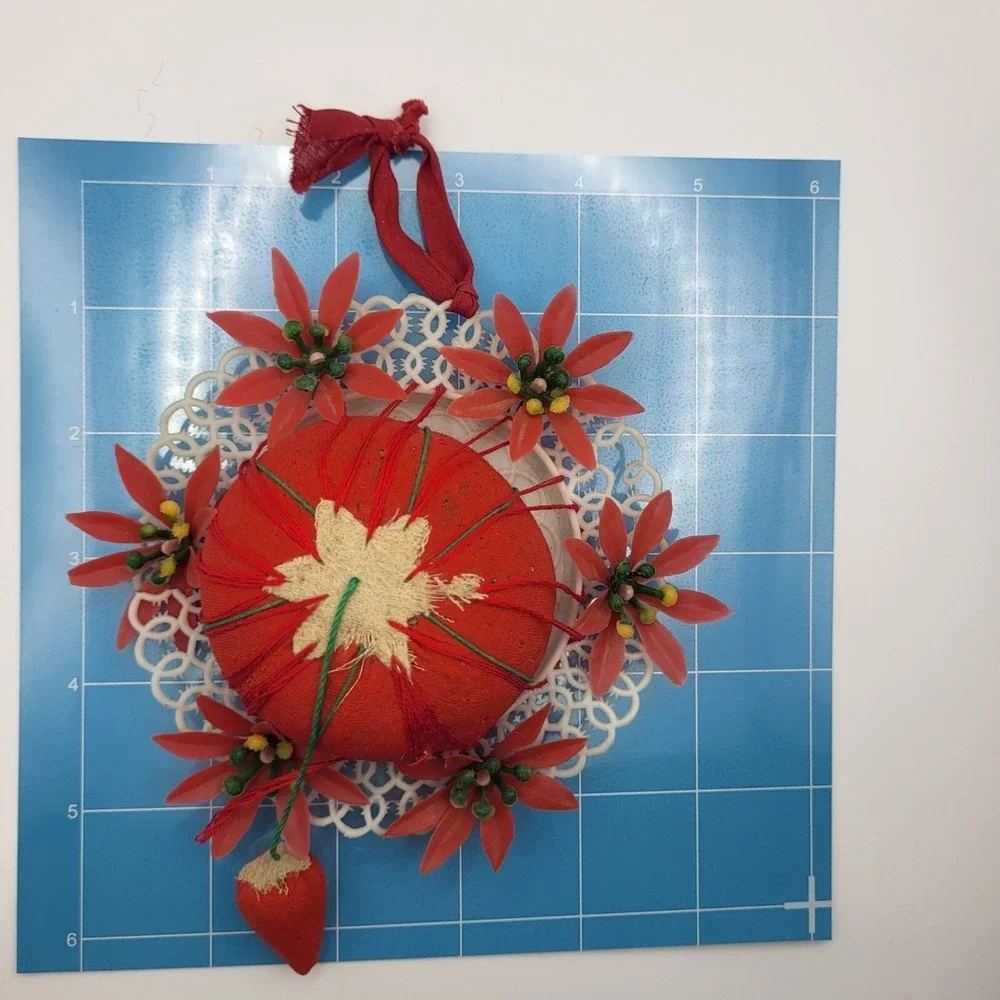 Vintage Florart Pin Cushion Plastic Lace Floral Decoration Made in Hong Kong